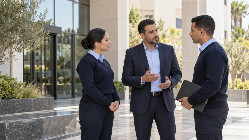 Un superviseur échange les consignes avec deux agents devant un bâtiment.
